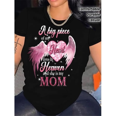 Women's A Big Piece Of My Heart Lives In Heaven She Is My Mom Graphic T-Shirt Pink Angel Wings Memorial Heart Print Short Sleeve Casual Tee