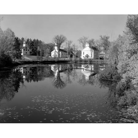 1960s-1950s Small Town White Public Buildings Around Lake Spring Church School Town Hall Washington Nh Usa Print