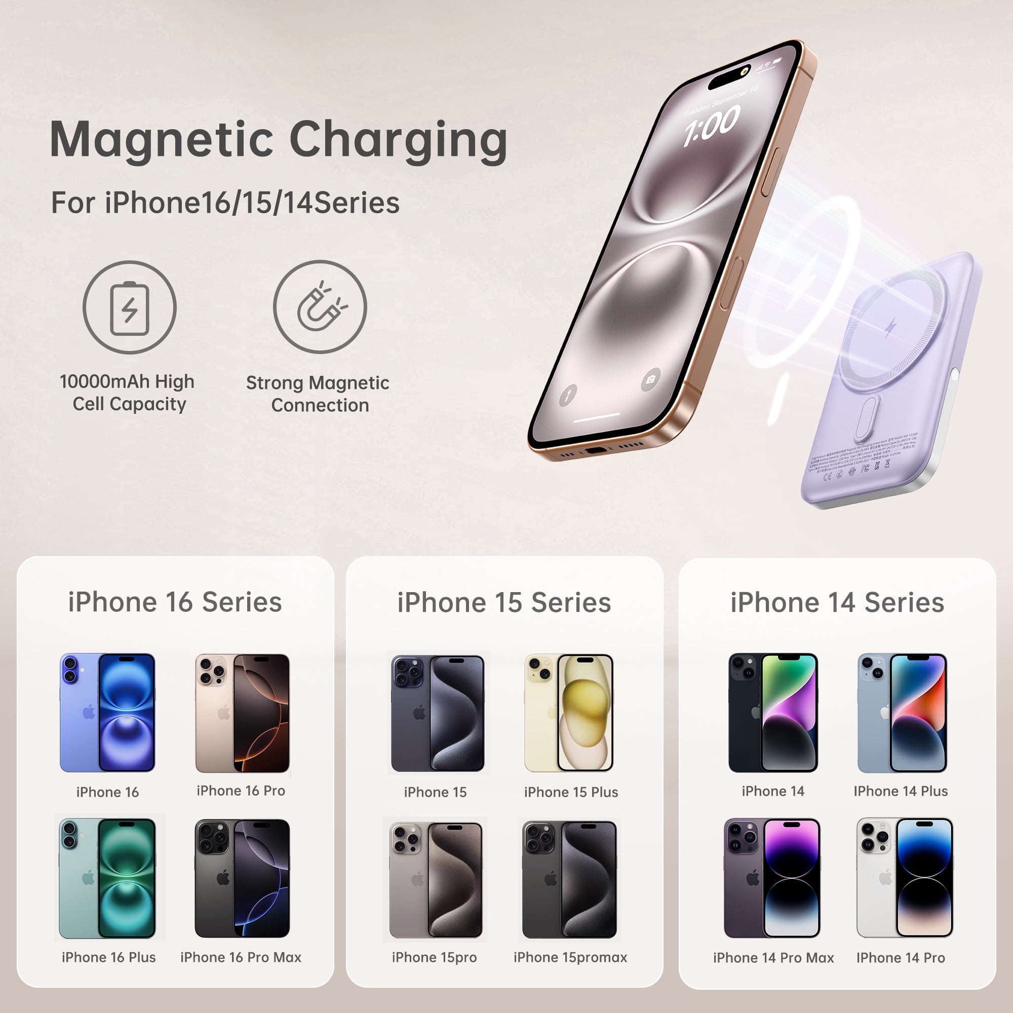 GUSGU MAG M20 10,000mAh Magnetic Power Bank with Holder, 22.5W Fast Charging Battery Pack Compatible with Magsafe iPhone 15/14/13/12 Series, Samsung, Purple
