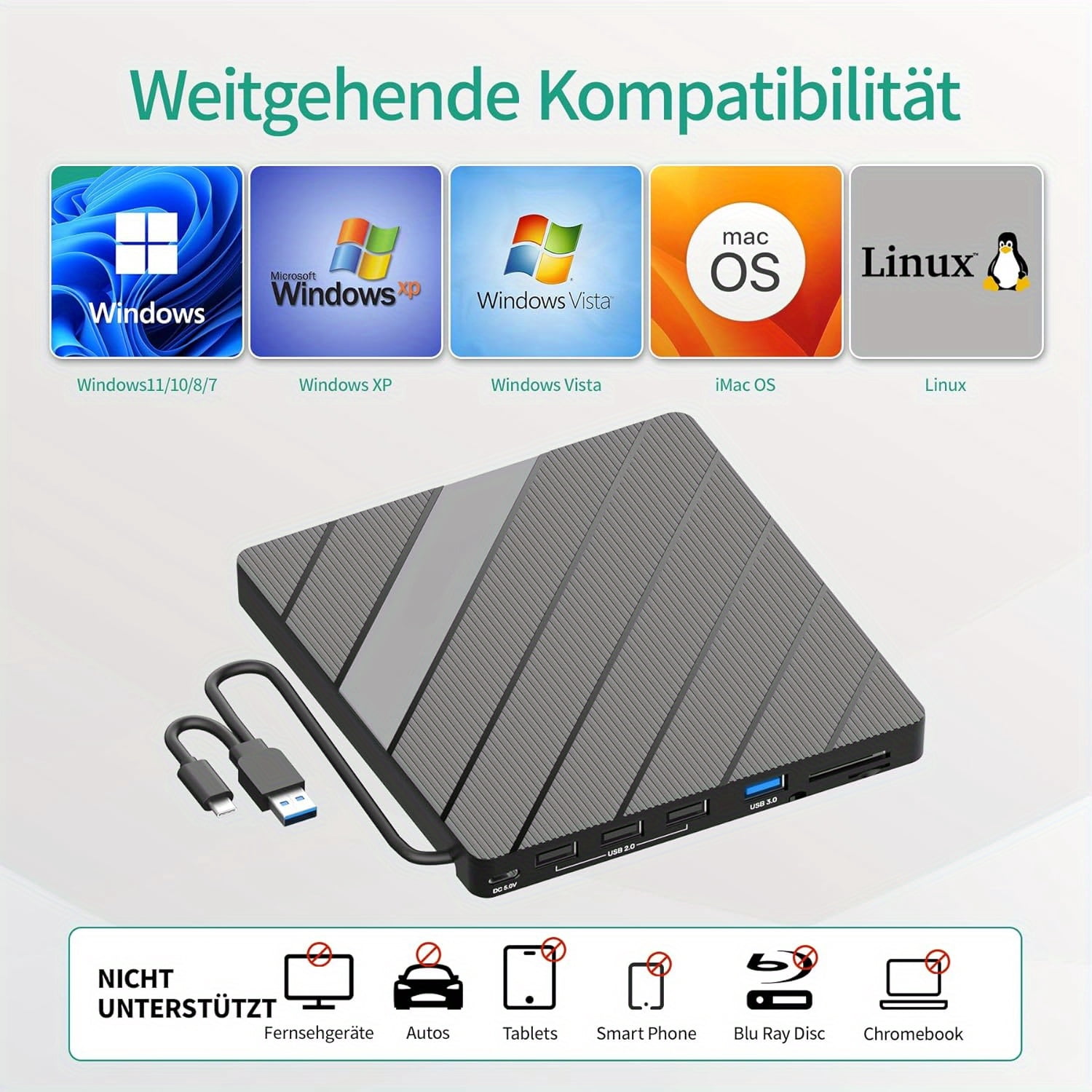 External CD DVD Drive for Laptop, Portable CD/ DVD +/ -RW Burner DVD Player for Laptop 7 in 1 USB 3.0 USB C Hub with SD/ Micro SD Card Reader Compatible with Laptop Desktop Mac PC Windows Linux