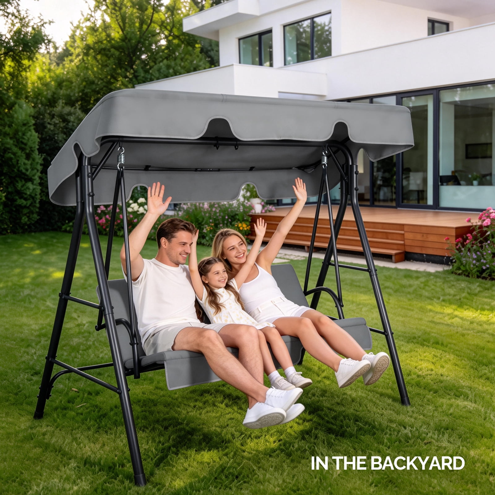 Outdoor Swing Set with Canopy & Cushion 250KG Weight Capacity Steel Frame Oxford Cloth Patio Swing for Garden Backyard Balcony