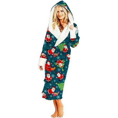 

PhoneSoap Ladies Casual Christmas Print Hooded Pajamas Long Jacket Green