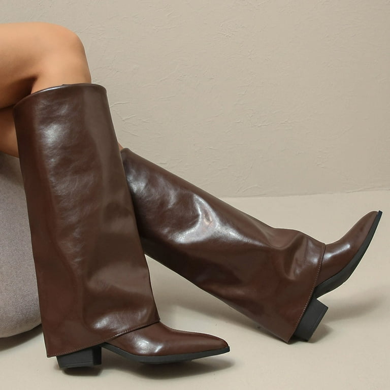 XUNKUSGA Knee High Boots Fashion Fold Over Boots for Women Solid