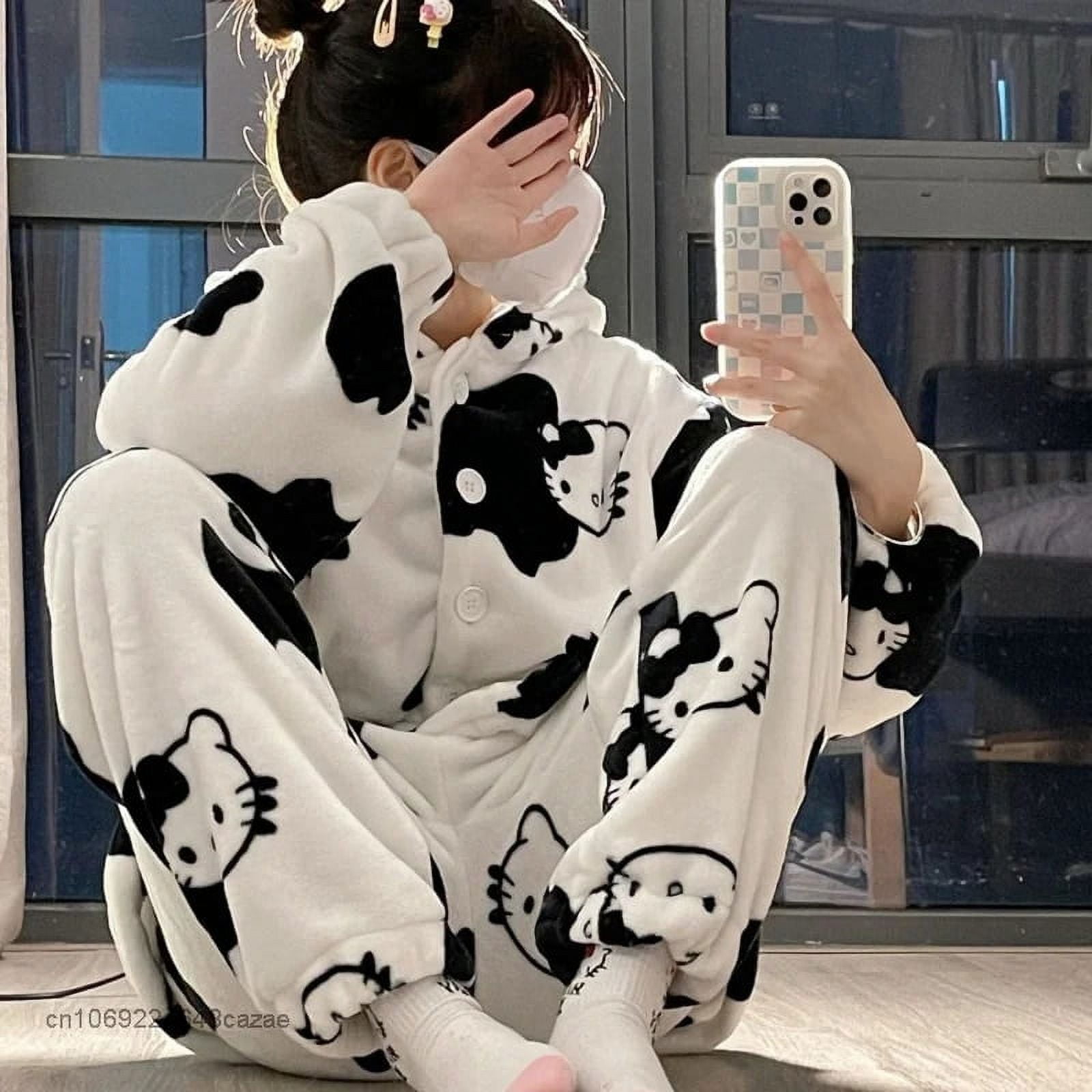Sanrio Hello Kitty New Pajamas Kawaii Soft Plush Tops Hoodie Trousers 2 Piece Set Women Fluffy Sleepwear Suit Y2k Home Clothes Walmart
