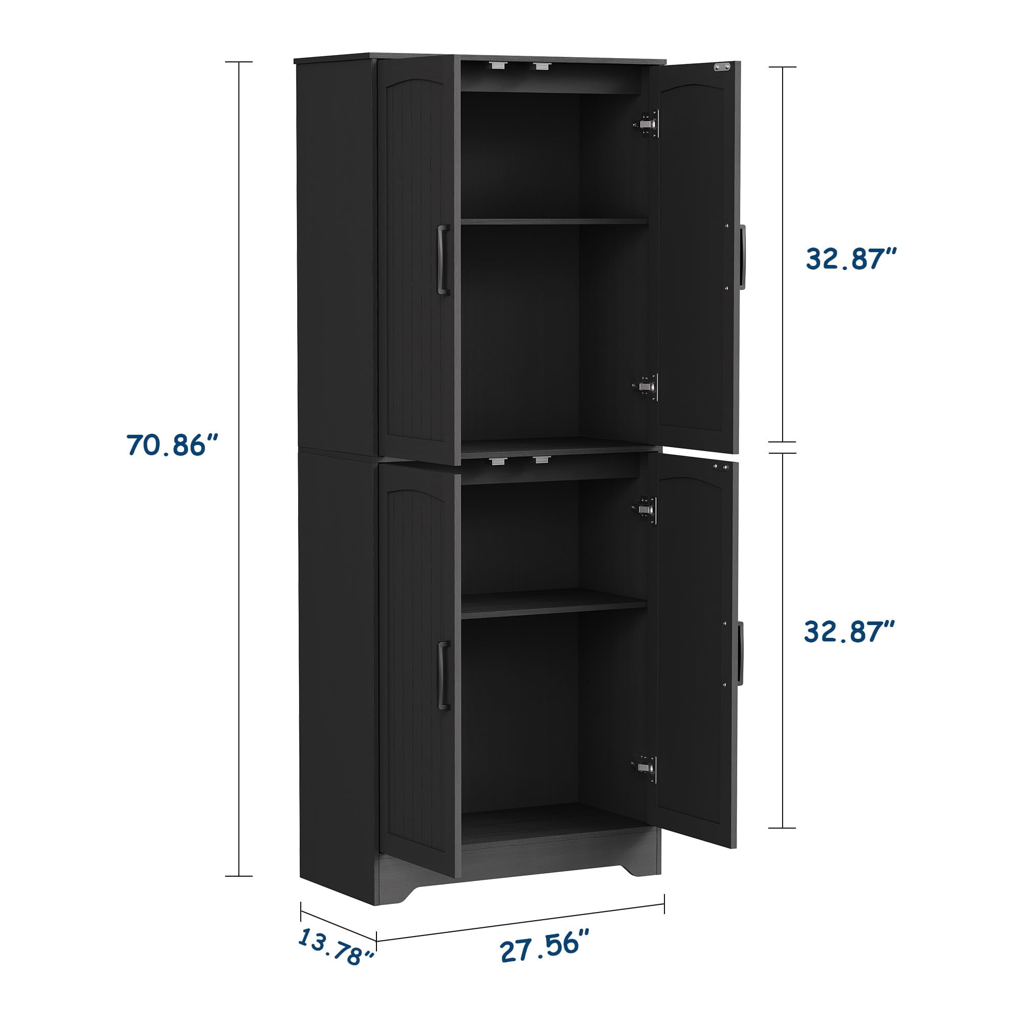 71 Inch Modern Tall Wood Pantry Storage Cabinet, Farmhouse Kitchen Pantry Cabinet, with 4 Doors & Adjustable Shelves, Freestanding Cupboard for kitchen & Living Room, Black