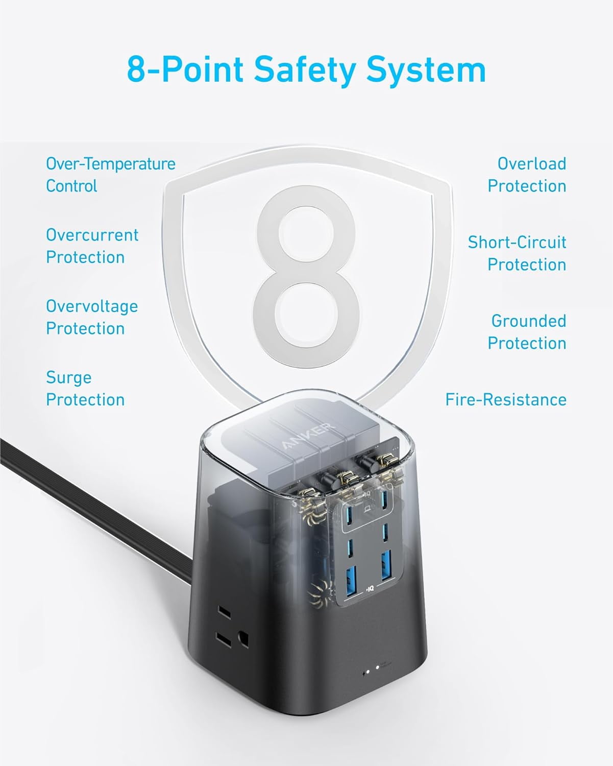 Anker Charging Station (100W), 9-in-1 USB C Power Strip with 300J Surge Protection, Compatible for iPhone 16 and MacBook, 5 ft Flat Cable and Plug, 4 USB-C and 2 USB-A Ports, 3 AC Outlets