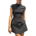 thumbnail image 1 of Women Elegant Slim Solid Pockets Mini Dress O-neck Short Sleeve A-line Chic Robe-DF, 1 of 5