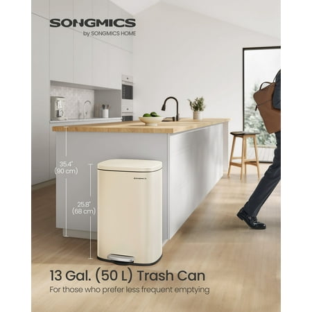 13 Gallon Stainless Steel Trash Can with Soft Close Lid, Step Pedal & Removable Bucket for Kitchen, Recycling or Waste, Sand Beige