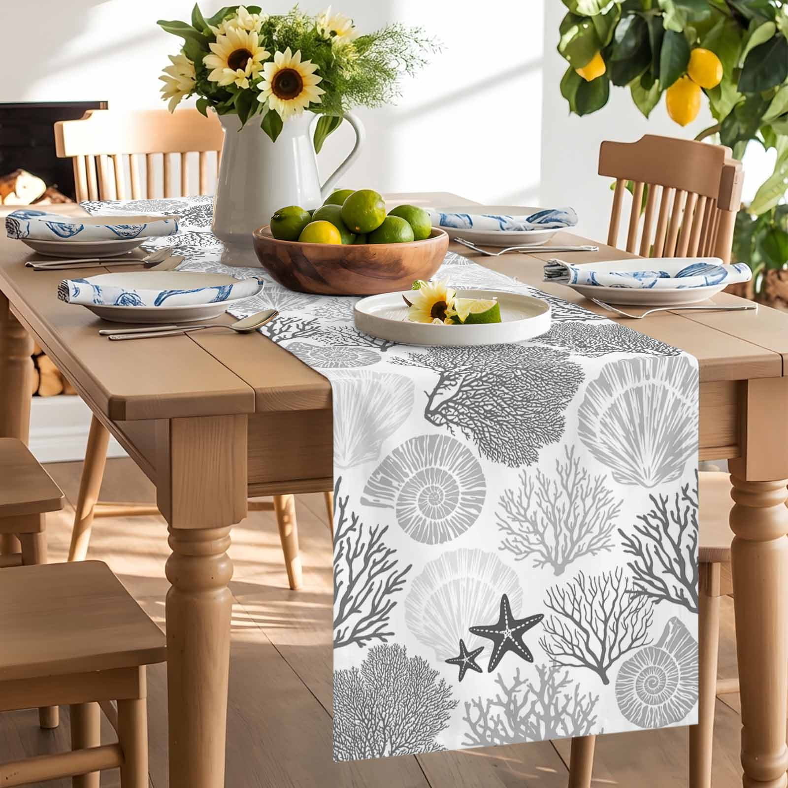 Classic Sea Grey Coral Table Runner 90 Inches Long, Abstract Marine Life Scenery Table Runners Tabletop Scarf Kitchen Dining Tables Decoration for Home Party Indoor Outdoor