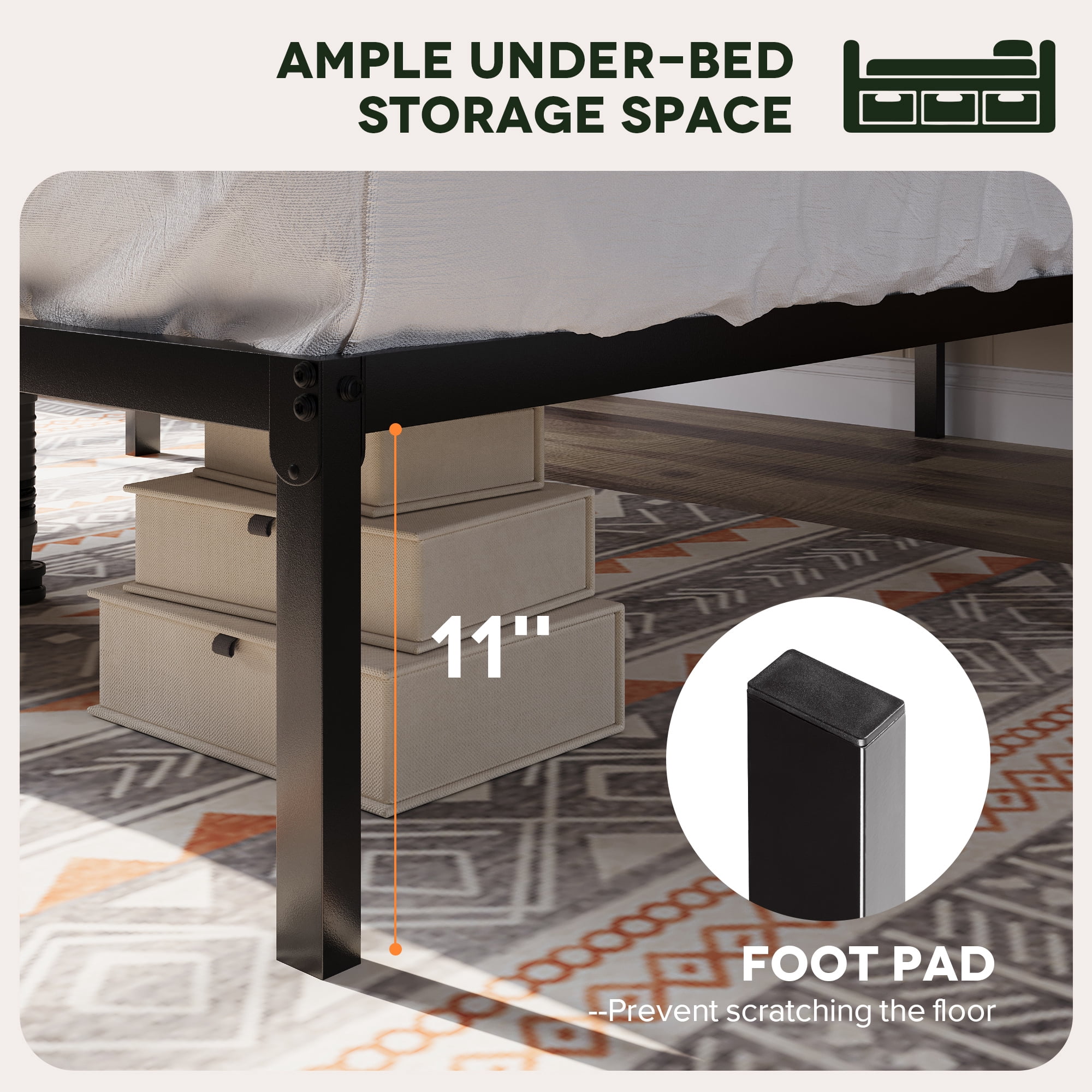 Einfach King Bed Frame, 12'' Metal Platform Bed with Ample Under-Bed Storage Space, Heavy Duty, No Box Spring Needed, Black