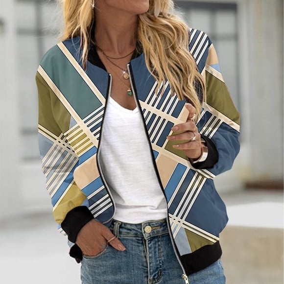 Feancey Windbreaker Bomber Jacket Women Zip up Long Sleeve Fashion Jackets Dressy Casual Colorblock Print Varsity Jacket with Pockets Blue XXL