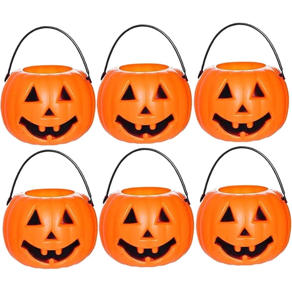 Halloween Pumpkin Bucket Plastic Trick or Treat Candy Holder Jack O Lantern Design Portable Handle Halloween Treat Pail (6 Pack)