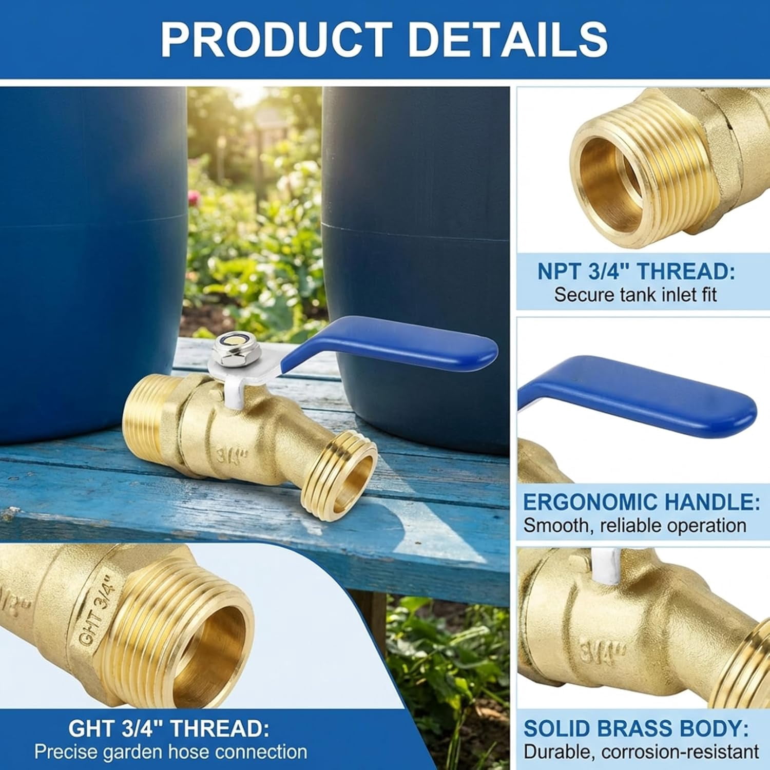 Generic Brass Rain Barrel Spigot 3/4 GHT Garden Hose