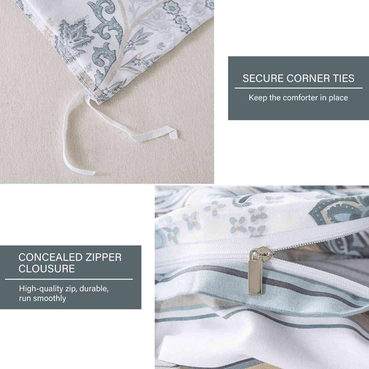 HoneiLife 3pc Duvet Cover King Size - 100% Cotton Comforter Floral Breathable Duvet Cover with Zipper Closure & Corner Ties, Dark Grey