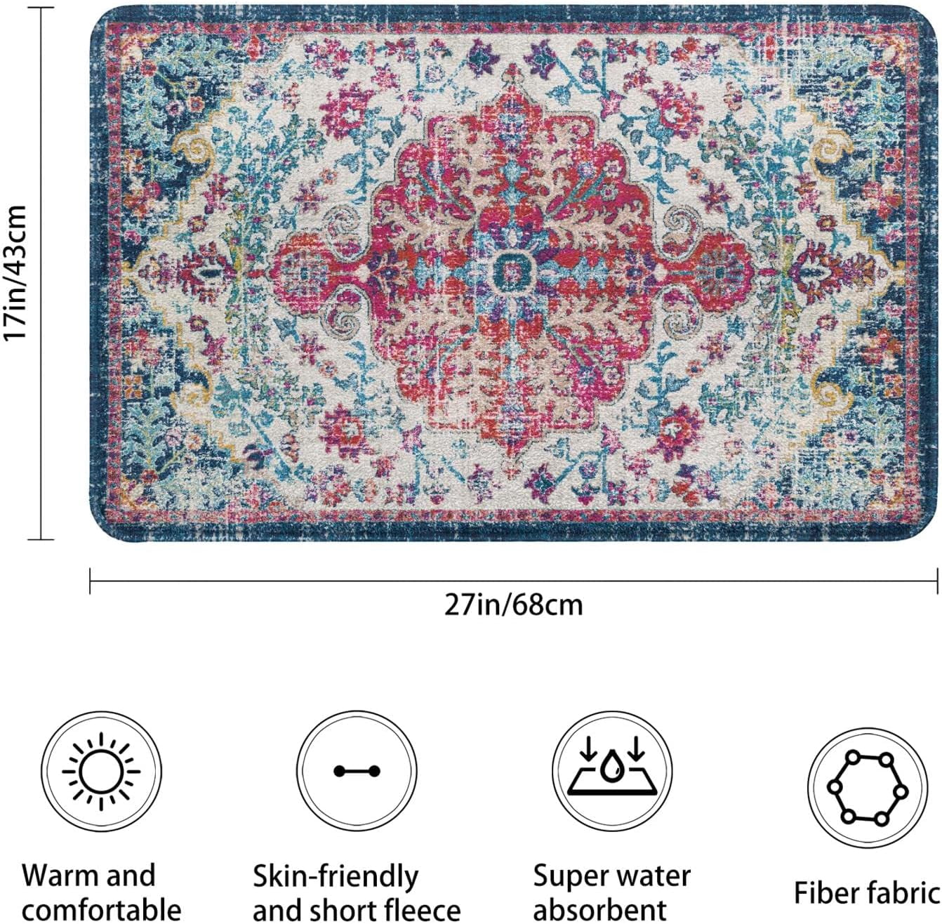 Bohemian Vintage Bathroom Rug Non-Slip Soft Bath Rug Machine Washable Oriental Persian Bathroom Mat Traditional Farmhouse Floral Floor Mat for Bathtub Shower Entrance, 17'''' x 27''''