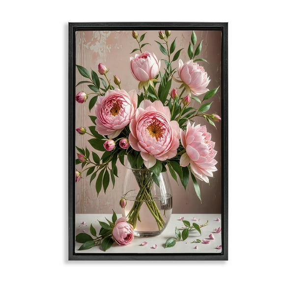 Stupell Industries Elegant Peonies in Vase Plants & Flowers Painting Black Floater Framed Canvas Art Print Wall Art, 17 x 25