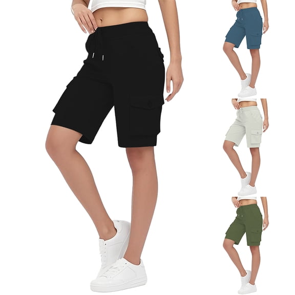 EaskTriop Women's Casual Cargo Bermuda Shorts Elastic High Waisted Drawstring Shorts with Pockets Comfy Summer Walking Knee Length Shorts
