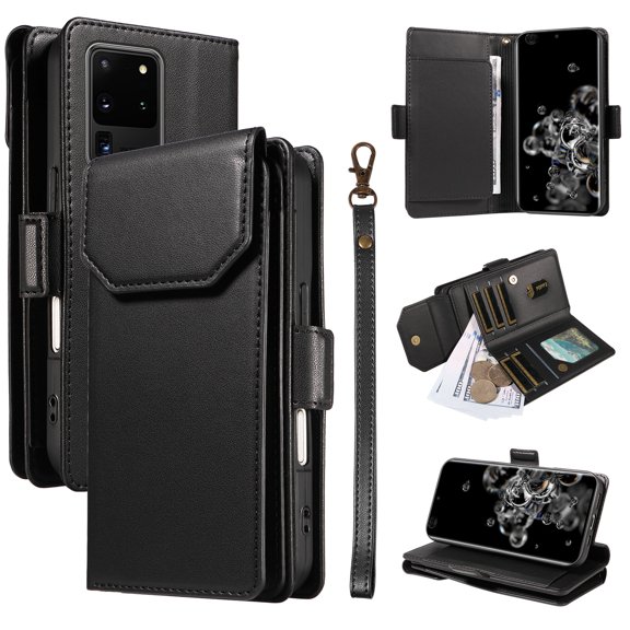 Compatible with Samsung Galaxy S20 Ultra Case Wallet with Strap RFID Blocking Card Holder, Multifunctional Wallet Purse Handbag Premium PU Leather Magnetic Flip Kickstand Phone Case,Black