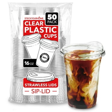 16 oz Clear Plastic Cups with Lids Disposable, Togo Drinking Cup with Strawless Sip Lid for Smoothie, Cold Brew Iced Coffee, Lemonade, Ice Latte, Boba, Party Drinks, Bulk, 16 Ounce (Set of 50)