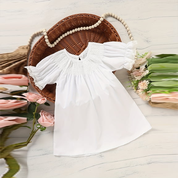 ZEHJHUAN Girl's Wedding Ceremony Round Neck Lace Trim Solid Color Short Sleeve A-Line Casual Outfit White,18-24M