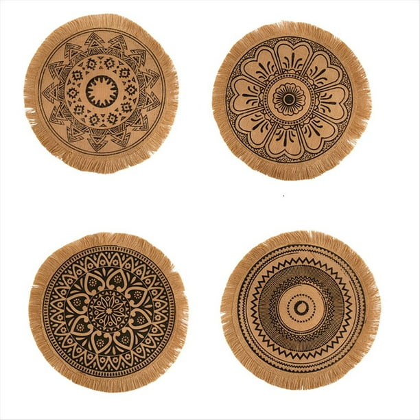 4 Alfombrillas de Comedor Redondas de Estilo Bohemio, Aislantes del y A Prueba de Quemaduras, con un Diámetro de 38 Cm, Antideslizante, Color Negro