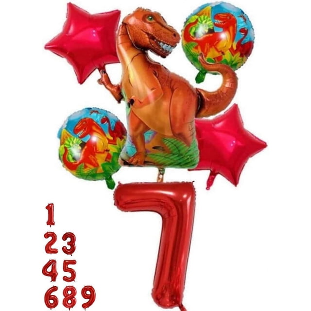 Set de decoraciones para fiesta de dinosaurios: globo rojo número 7, globos de dinosaurio, decoraciones de cumpleaños de dinosaurio, decoraciones de dinosaurio T-Rex Tiranosaurio Rex