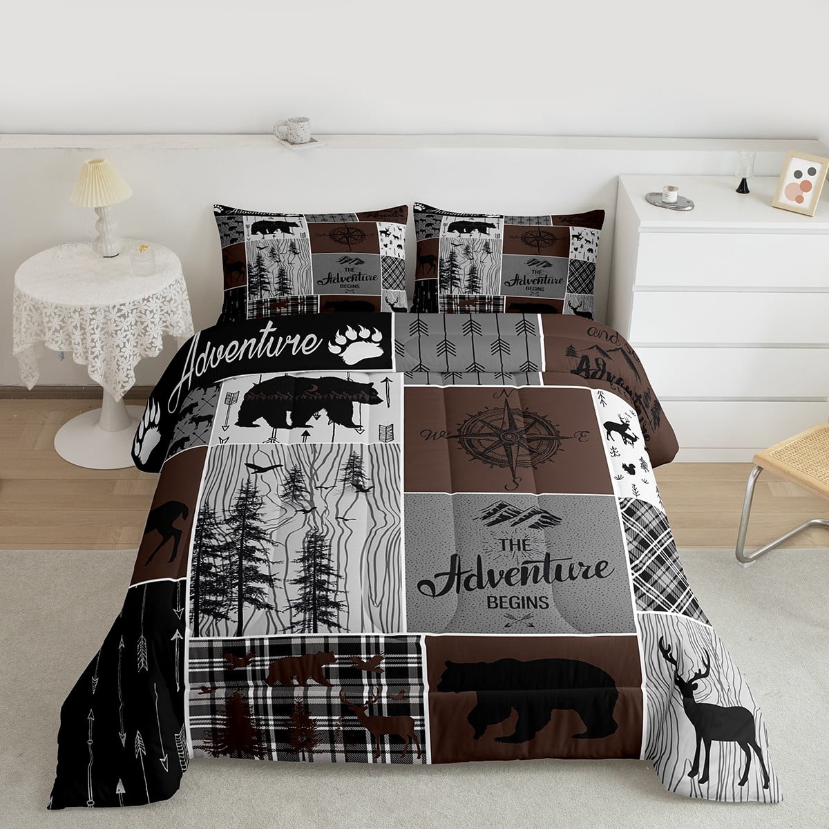 Retro Farmhouse Cabin Quilt 3Pcs, Rustic Bear Deer Comforter Set Queen Size Teens Adult Men, Camping Lodge Decor Bedding Buffalo Check Plaid Hunting Animal Duvet Insert, Brown Gray