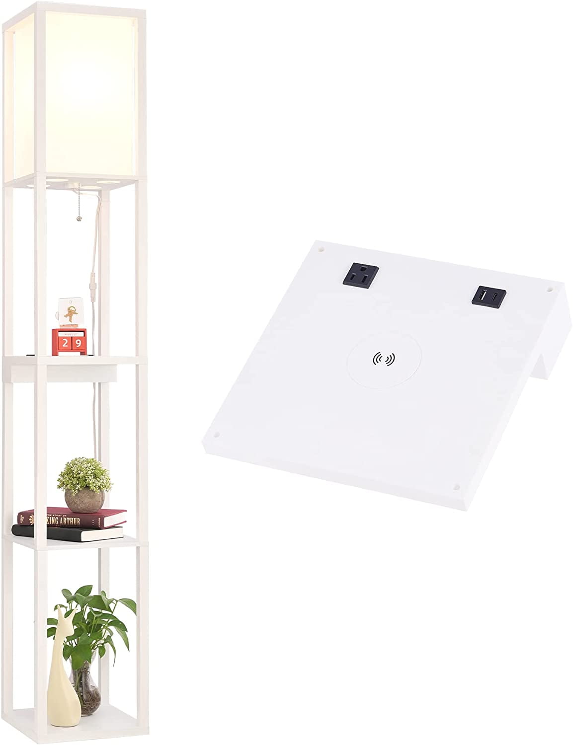 GUAIPOU Wood Shelf Floor Lamp with Charging Station Wireless & 2 Fast