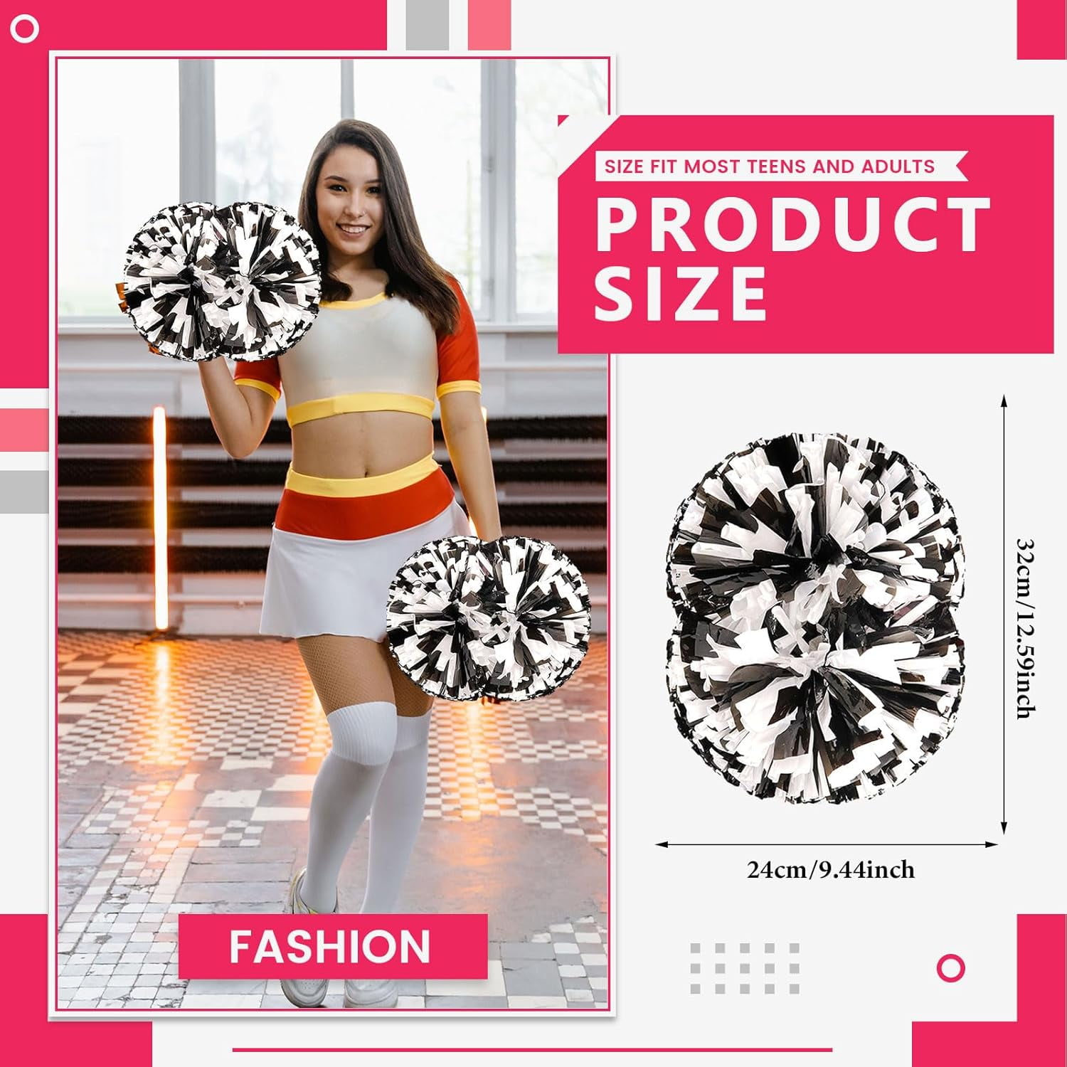 Cheerleader Pom Poms 12 Pack Sports Dance Cheering Plastic Metallic Cheerleading Pom Poms for Kids Adults