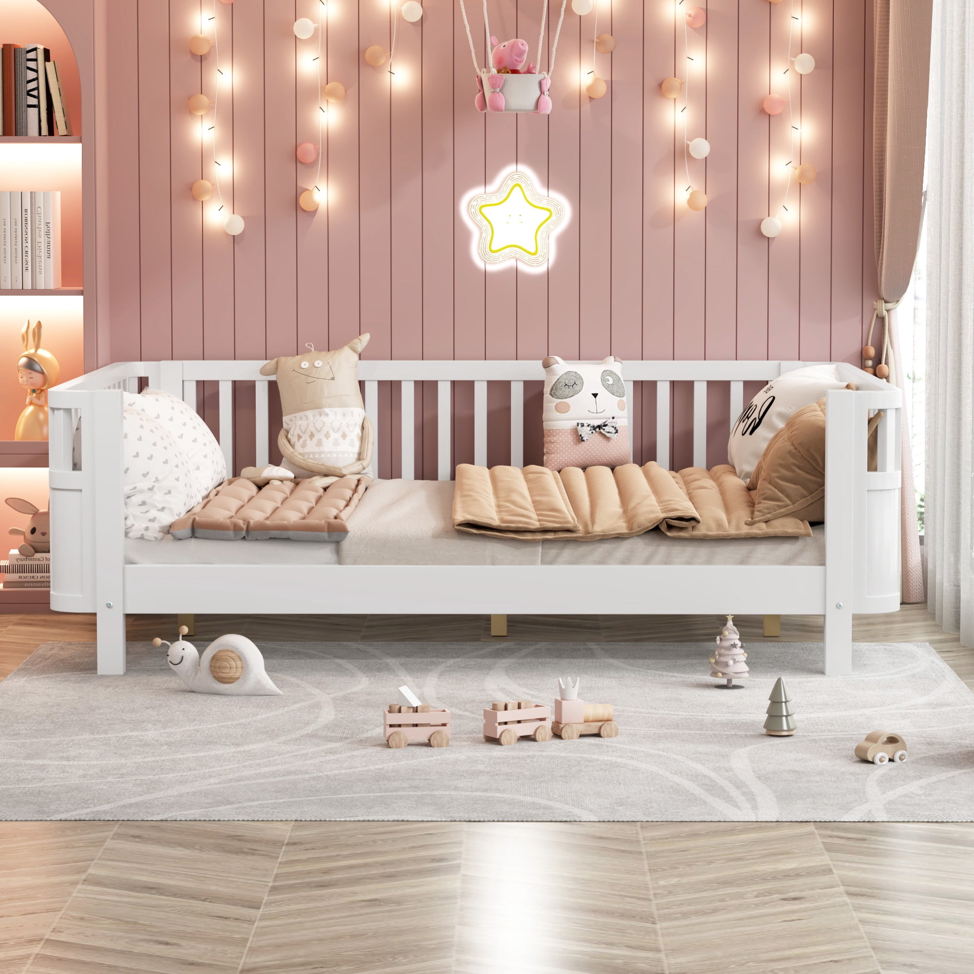 Sesslife Toddler Bed, Wood Full Platform Bed Frame, Full Size Bed Frame with Salts and Safety Fence for Boys Girls, Low Profile Bed Full with Removable Guardrail, No Box Spring Needed, White