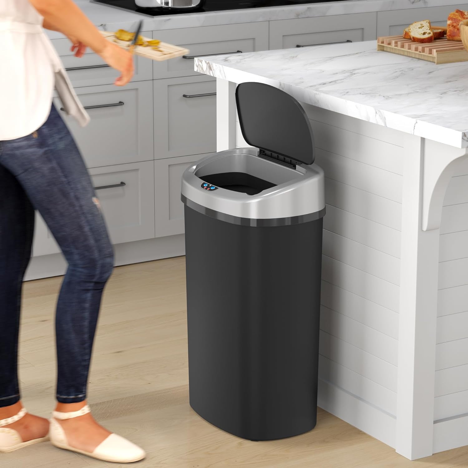 13 Gallon Plastic Sensor Kitchen Trash Can with Odor Filter, Slim Space-Saving Garbage Bin