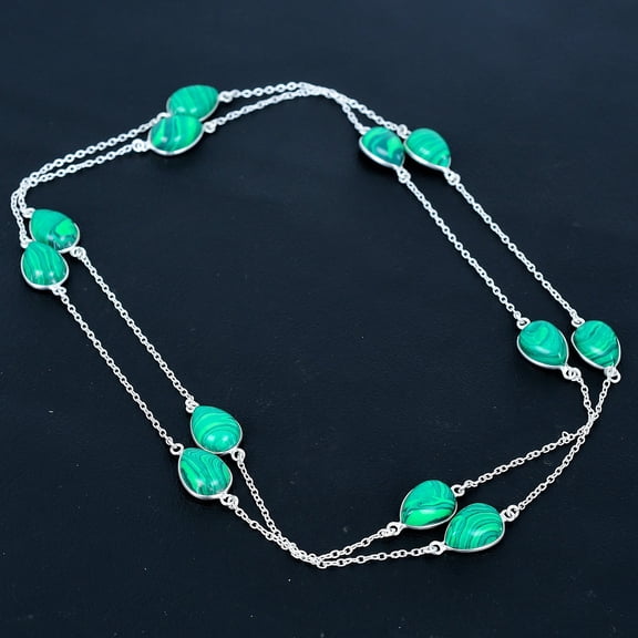 Malachite Pear Gemstone Ethnic 925 Sterling Silver Jewelry Necklace 36" VJ 1169