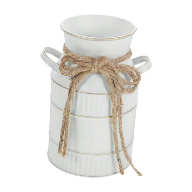 Jarrón estilo granja chic, diseño retro, bohemio, antiguo, con asa, jarra de leche, flores Blanco