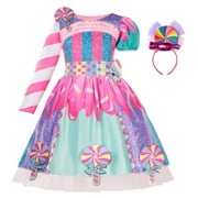 Girls Rainbow Candy Cosplay Dress Princess Costume Halloween Fancy-Dress