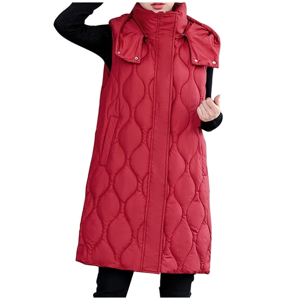 Puntoco Chaqueta Larga De Algodón Sin Mangas Con Capucha Y Color Sólido Para Mujer