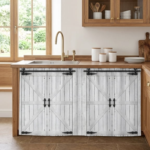 Farmhouse Wood Grain Pantry Cabinet Curtains 28''x51'', Vintage Country Barn Gate Grey Sink Skirt for Bathroom Kitchen Tall Utility Cabinet, Laundry Privacy Drape Waterproof Dishwasher Curtains