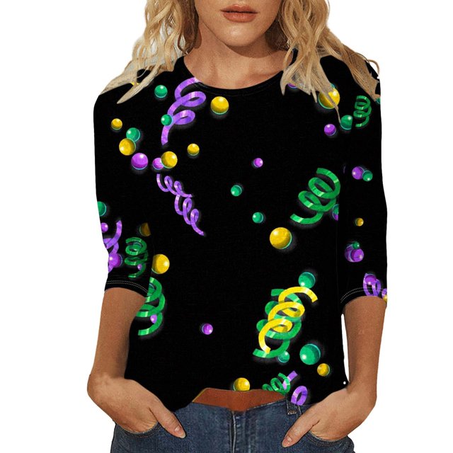 Outfmvch Chemises Mardi Gras pour Femmes, Manches 3/4 Hauts pour Femmes, Tenue Mardi Gras pour Femmes, Blouses pour Femmes, Hauts d'Entraînement pour Femmes, Tunique Graphique de Carnaval Manches 3/4 Col Rond Blouse Marine 4TG