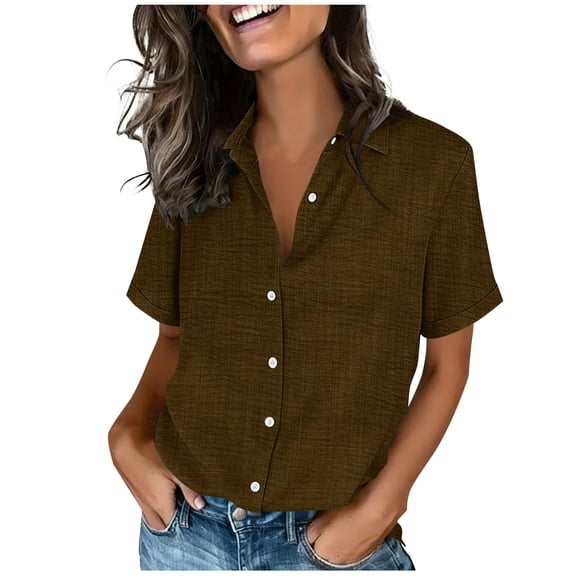 Cilsoka Women's Button Down Shirts Short Sleeve Collared Tops Dressy Casual V Neck Blouses Loose Beach Vacation Tops