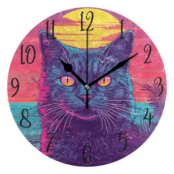 WOBOGO Cat before Sunset Wall Clock 10in Silent Mechanism Battery Operated Retro Style for Living Room Bedroom and Kitchen Black Pointer