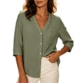 thumbnail image 2 of Warop Women's Summer Solid V Neck 3/4 Sleeve Top Single Pocket Button Shirt Blouse Tee Casual for Daily Office Wear, 2 of 9