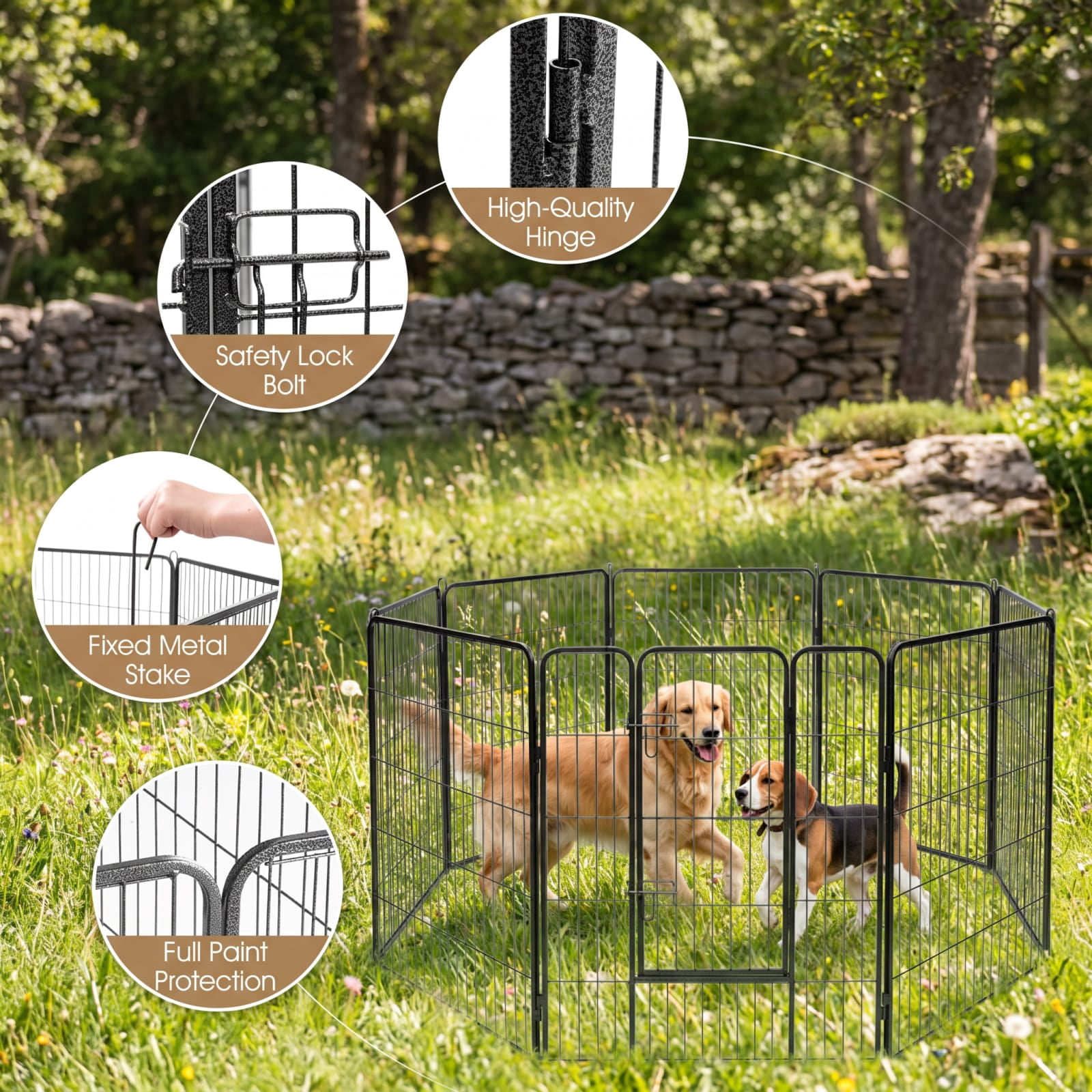 Vebreda Dog Playpen, 8 Metal Panel Heavy Duty Pet Playpen Dog Fence with Door, Heavy-Duty Dog Playpen, Changeable Shape, Added Secure Design