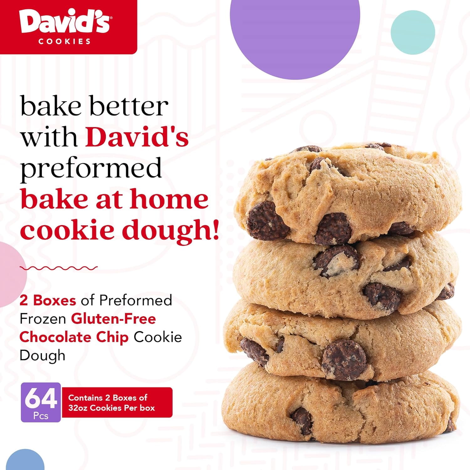 David's Cookies Preformed Frozen Cookie Dough, Gluten-Free Chocolate Chip, 64 Count