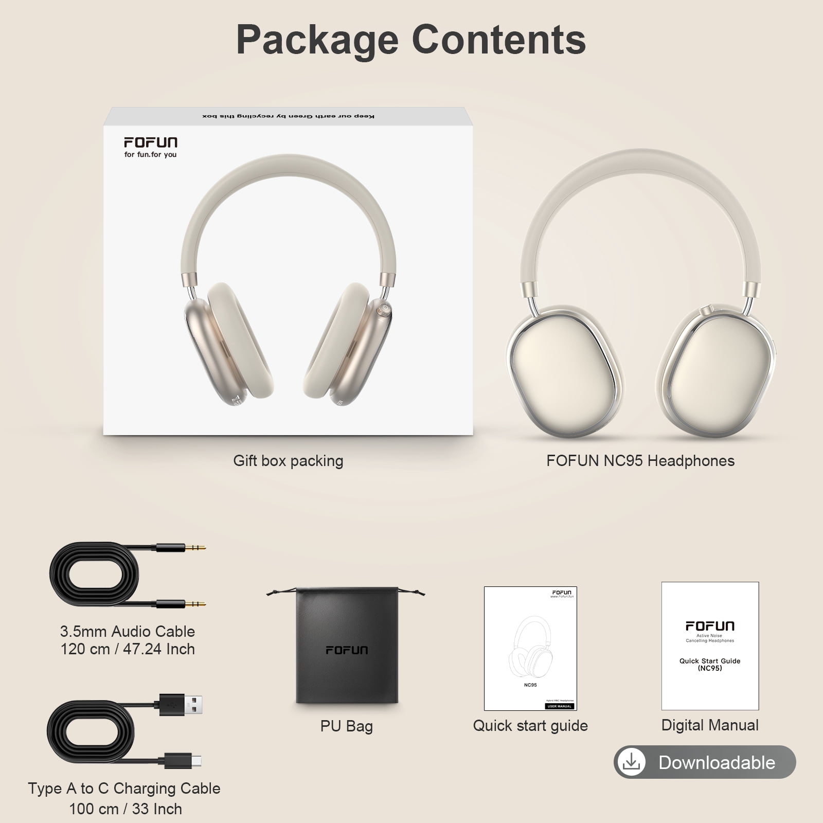 FOFUN NC95 Wireless Over Ear Headphones, Hybrid Active Noise Cancelling, Bluetooth 6.0 with Knob Control, 65H Playtime, App EQ Control, Hi-Res Audio, Comfort Fit for Travel and Workout