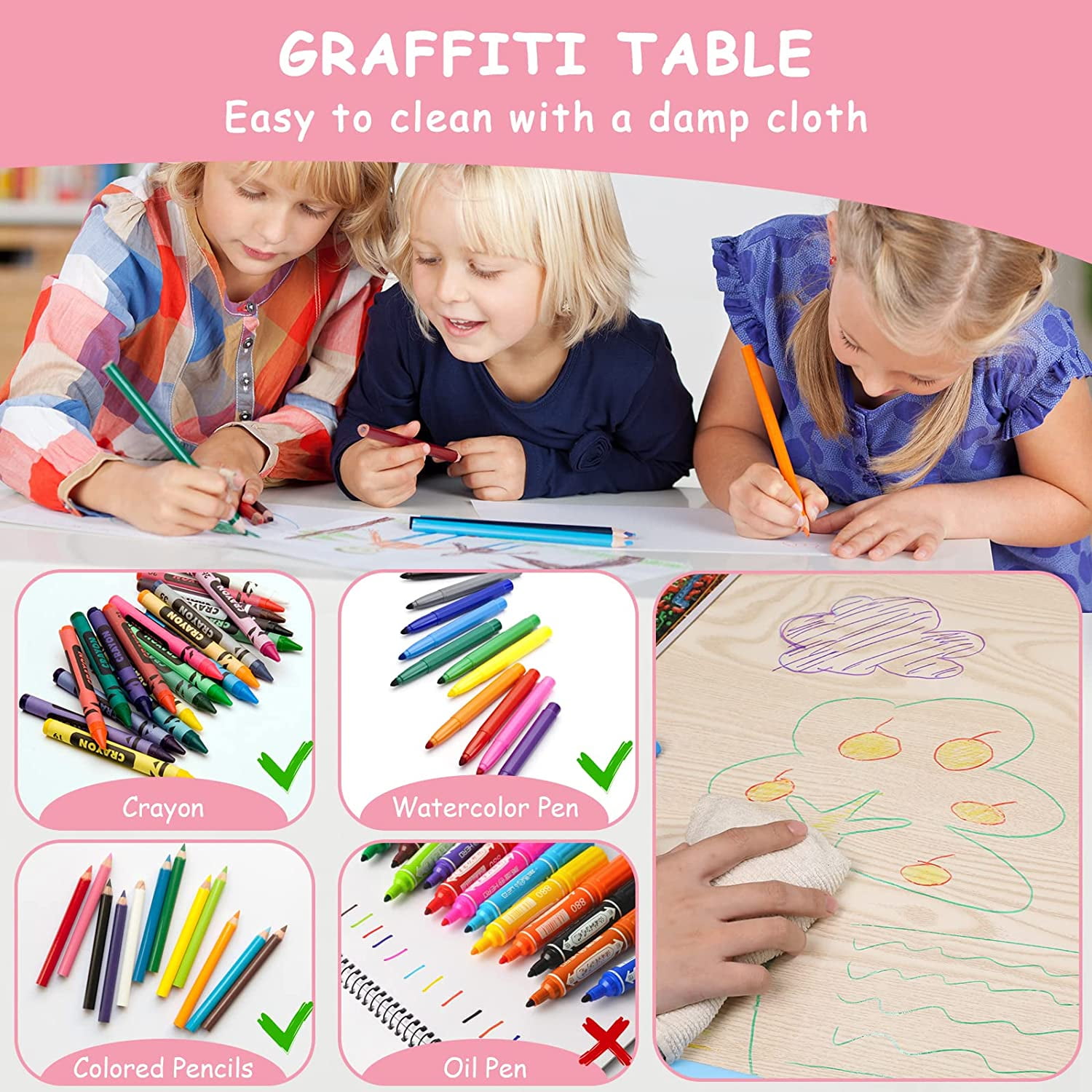 Arlopu Toddler Table & 4 Chairs Set, Height Adjustable Kids Multi Activity Table and Chairs for Drawing, Reading, Studying, Pink