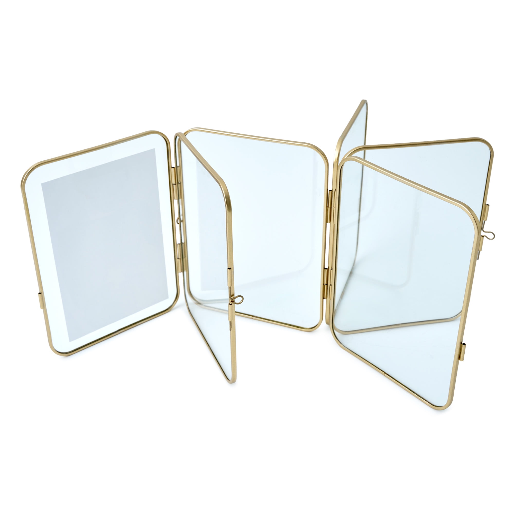 Beautiful 3 Piece Gold Metal Folding Picture Frame by Drew Barrymore - Fits 5x7 and 4x6 Photos - Multi Picture Frame for Collage Display - Gold Photo Frame Set for Family, Graduation, Mother’