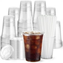 Tutuviw Plastic Iced Coffee Cups With Lids,25 Pack 14 Oz Disposable Drinks Cups,Clear Beverage Cups With Straws and Leakproof Paper,Plastic Smoothie Cups for Milkshake,Cold Drinks