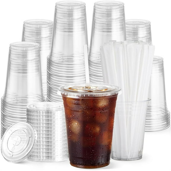 Tutuviw Plastic Iced Coffee Cups With Lids,25 Pack 14 Oz Disposable Drinks Cups,Clear Beverage Cups With Straws and Leakproof Paper,Plastic Smoothie Cups for Milkshake,Cold Drinks