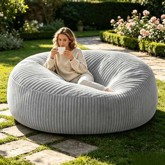 Stripe Giant Corduroy Bean Bag Chair for Adults,Foam Lounge Bean Bag Sofa for Gaming & Relaxing,6FT grey