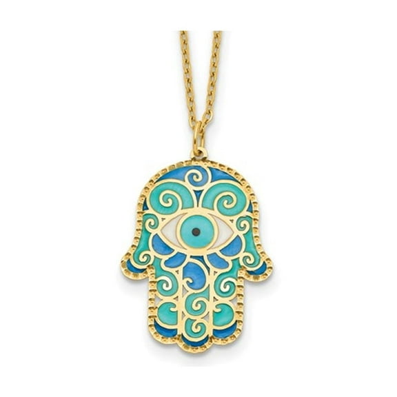 Gem & Harmony 14K Yellow Gold Hamsa with Enamel Pendant Necklace with Chain for Women