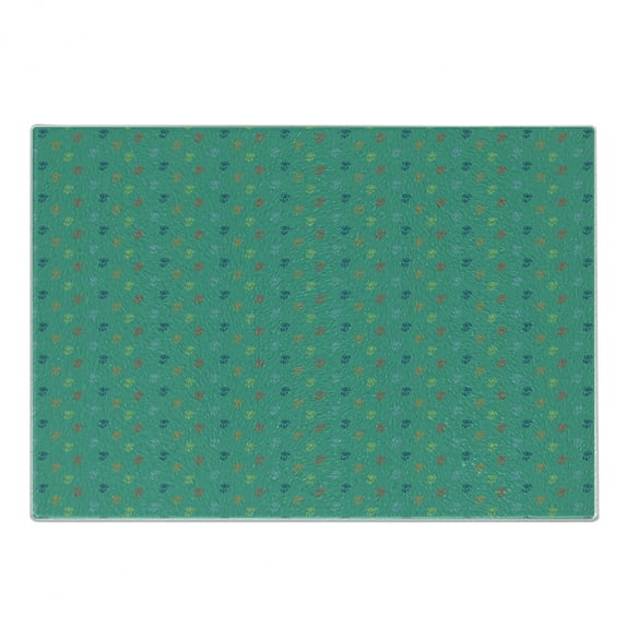 1970s Cutting Board, Little Colorful Flowers on Green Toned Background Doodle Outline Style Composition, Decorative Tempered Glass Cutting and Serving Board, in 3 Sizes, by Ambesonne